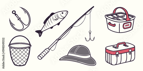 a collection of fishing gear and tackle Vector