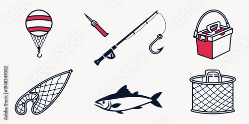 a collection of fishing gear and tackle Vector