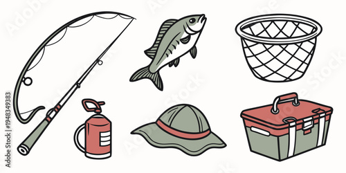 a collection of fishing gear and tackle Vector