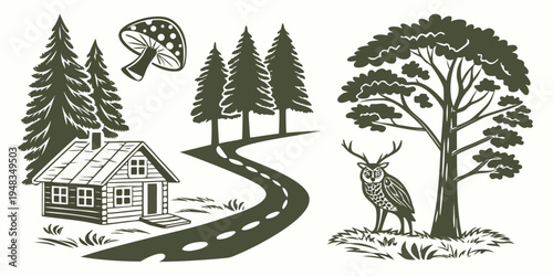 a deer stands by a tree near a house and road in the woods Vector