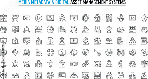 Media Metadata and Digital Asset Management Systems Line Vector Icon Set