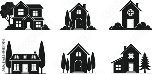 Modern House Silhouette Icon Set, Residential Home Exterior Collection, Black Vector Buildings With Trees, Minimal Architecture Illustration Design