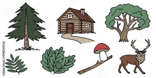 a set of cartoon forest elements including trees and a deer Vector