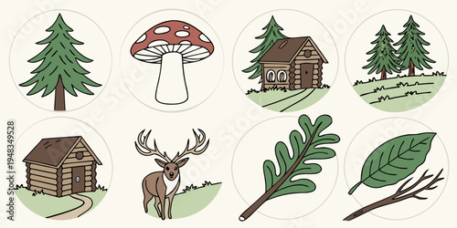 a set of forest icons including trees and a cabin Vector