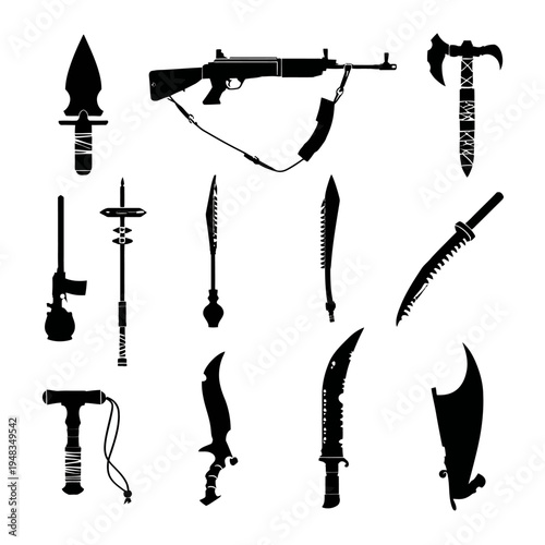 Collection of Various Weapons and Armaments Displayed Silhouetted.