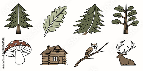 a set of forest icons including trees and wildlife Vector