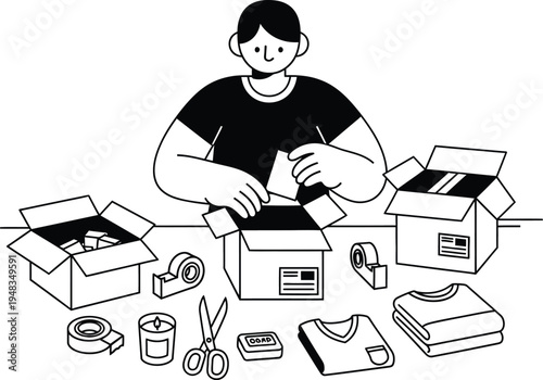 Man packing boxes with clothes and supplies