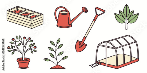 a collection of gardening tools and plants Vector