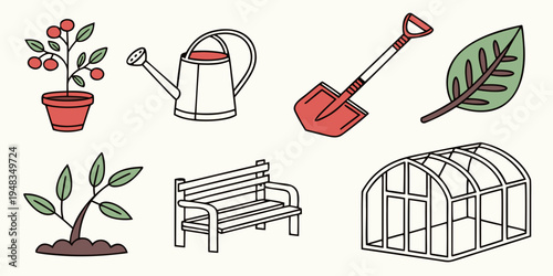 a set of gardening tools and plants Vector