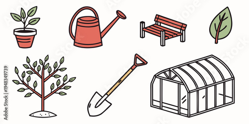 a collection of gardening tools and plants Vector