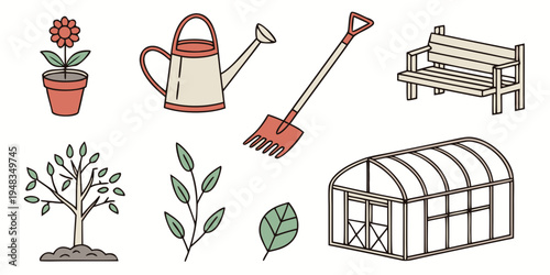 a collection of gardening tools and plants Vector