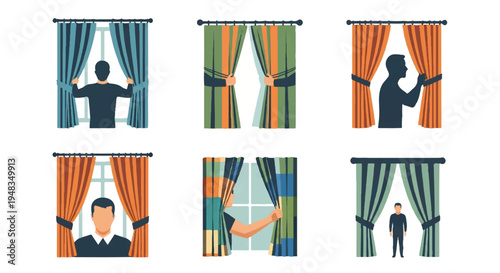 People opening curtains vector illustration set for design and decoration