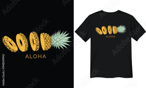 Vintage Hand-Drawn Sliced Pineapple Illustration with Aloha Text on Black Background