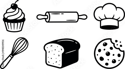 Black and white vector icons of cupcake cherry on top rolling pin chef hat whisk bread loaf bitten cookie isolated