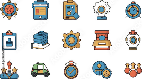 Flat Line Vector Icon Set of Business Management, Quality Control, Logistics and Award Symbols for Web and App Design