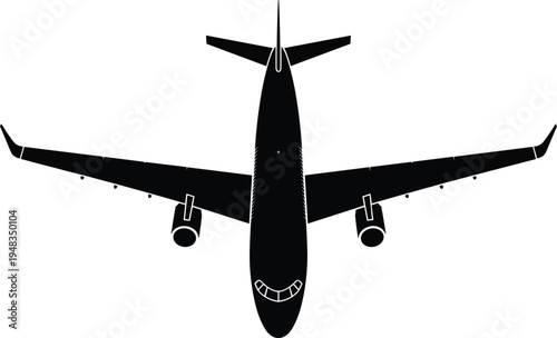 Commercial airplane silhouette top view with twin engines and winglets isolated on white background vector illustration for aviation travel and global transport logo design