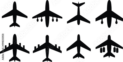 Collection of airplane silhouettes top view featuring various commercial jet and passenger aircraft types isolated on white background vector illustration for aviation travel and global 