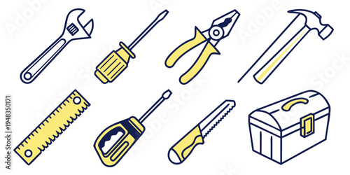 a set of tools including a wrench and screwdrivers Vector