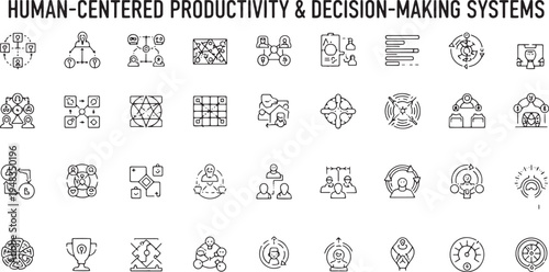 Human-Centered Productivity and Decision-Making Systems Line Icon Set for Business Management and Workflow Optimization