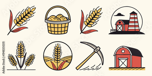 a collection of farm icons including corn and a barn Vector
