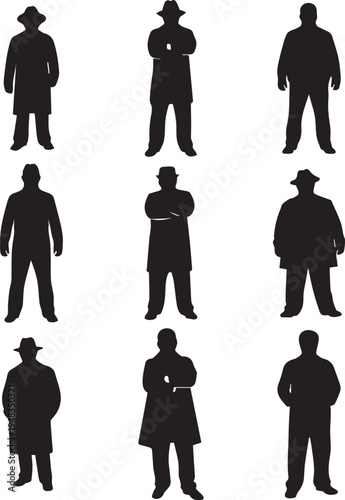 Set of male silhouettes wearing classic trench coats and fedora hats