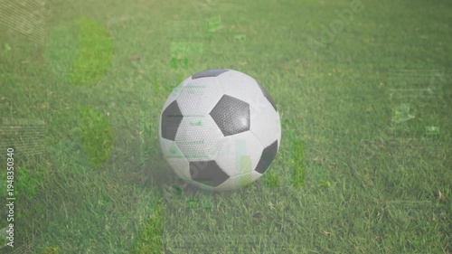 Vertical video: Drifting green overlays causing soccer ball settling, rotating on cut grass, shadow