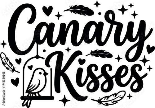 Minimalist black and white illustration of canary bird inside cage with heart and feather decorations in vector art style