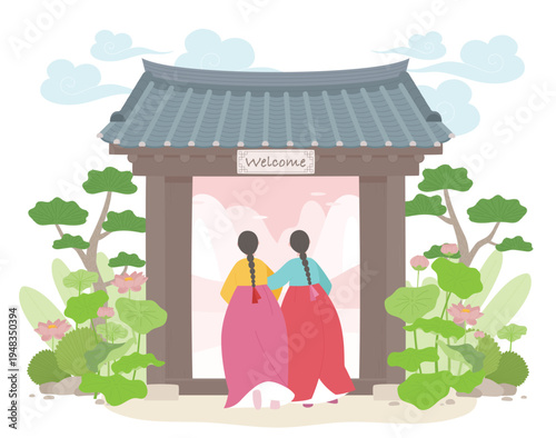 Two women in traditional korean hanbok standing before a gate