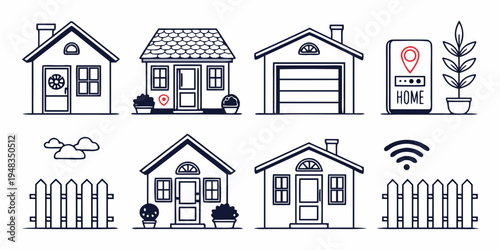 a collection of smart home icons including houses and fences Vector