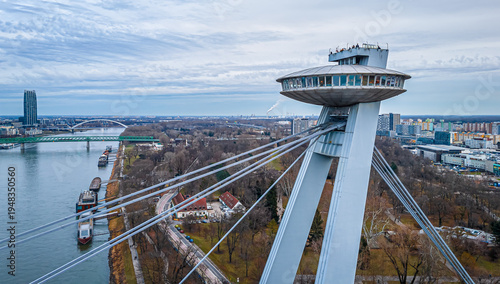 Photography UFO Bridge observation deck Bratislava above the Danube at blue hour view