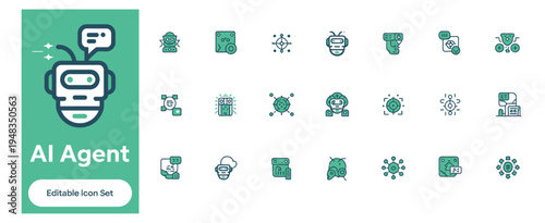 Dynamic set of AI agent and artificial intelligence flat icons, depicting robots, data processing, and automation.