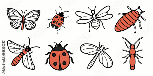 a collection of insects including ladybugs and flies Vector