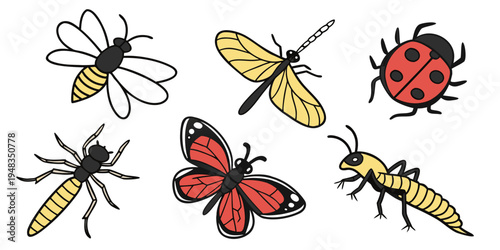 a group of insects including a butterfly, beetles, and a dragonfly Vector