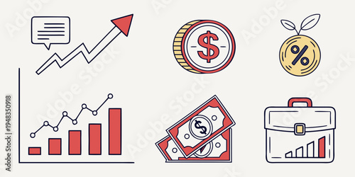 Financial icons including graphs, money, and briefcase Vector