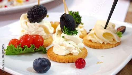 Appetizer platter with crackers, cheese, and fruit