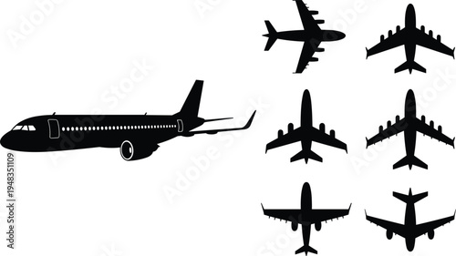 Commercial passenger jet and airplane silhouette collection with various aircraft types in top view and side view isolated on white background vector illustration for aviation travel or transport 