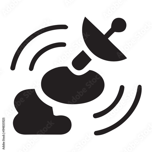 Satellite dish transmitting signals around a cloud shape, symbolizing global communication, internet connection