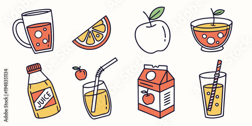 a collection of orange juice and fruit related items Vector