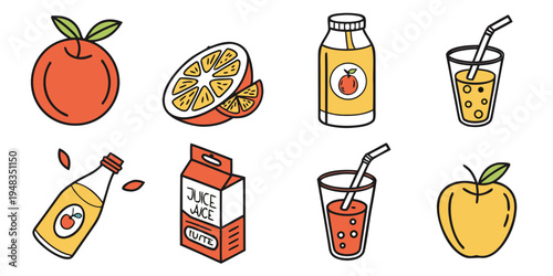 a collection of peach juice and fruit Vector