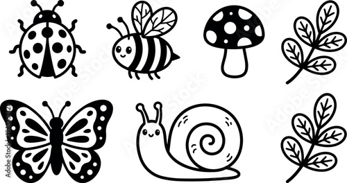 Cute black and white insect and plant icons including ladybug bee butterfly snail mushroom and leaves simple line art on white