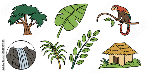 a collection of jungle icons including a tree and a hut Vector