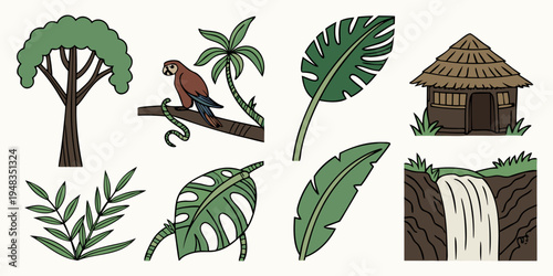 tropical plants and a hut with a bird Vector