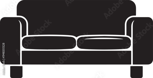 Minimalist black and white illustration of a modern sofa with two seat cushions