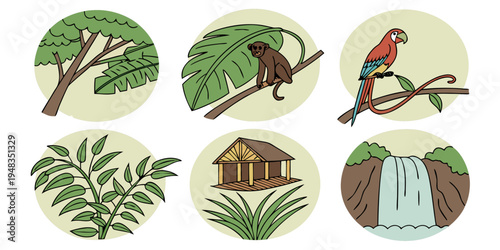 a set of jungle icons including a tree monkey parrot plants hut and waterfall Vector