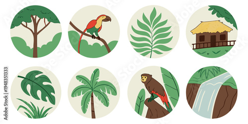 a set of eight icons representing a tropical jungle Vector
