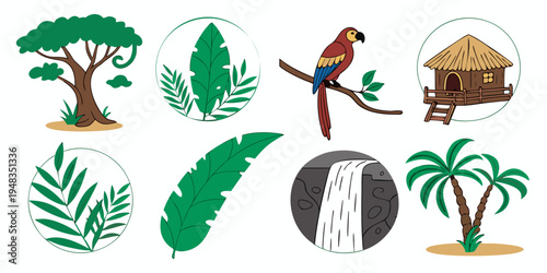 a collection of tropical icons including trees and a hut Vector