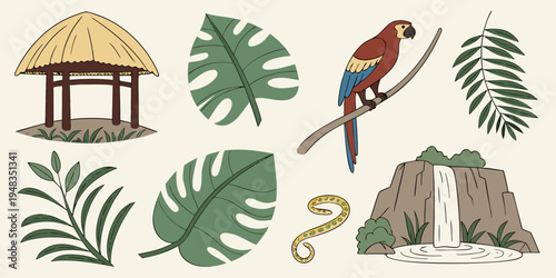 a colorful parrot perched on a branch with tropical leaves and hut Vector