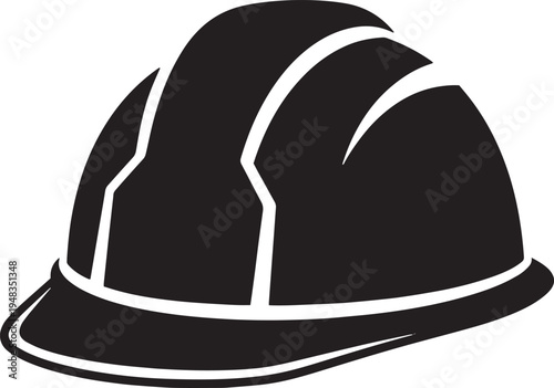 A black hard hat with white safety stripes and a brim for construction worker protection