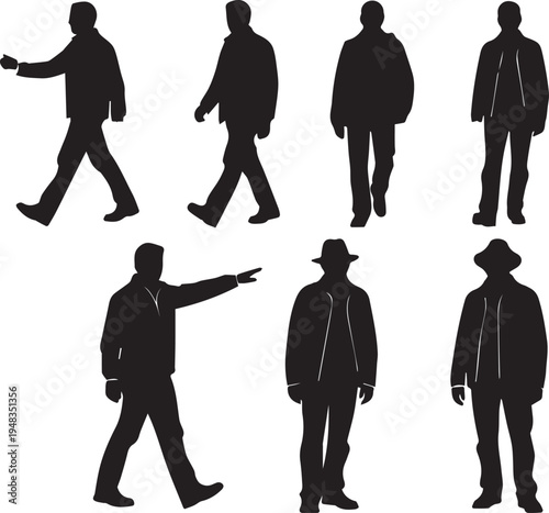 Set of men walking and pointing in casual jackets and stylish hats