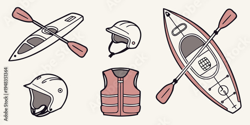 kayak equipment set with paddle helmet and life jacket Vector